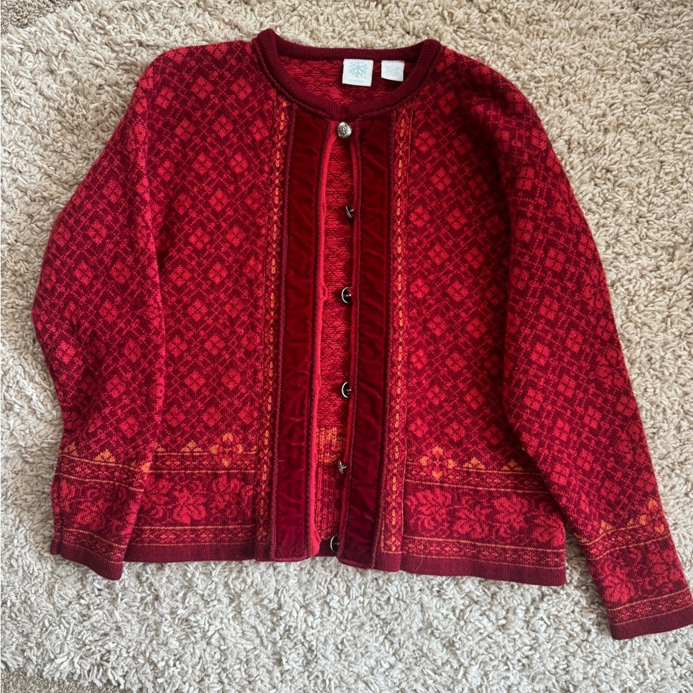 Nordic Design Luxury Red Scandanavian Folk Floral Velvet Fantasy Sweater